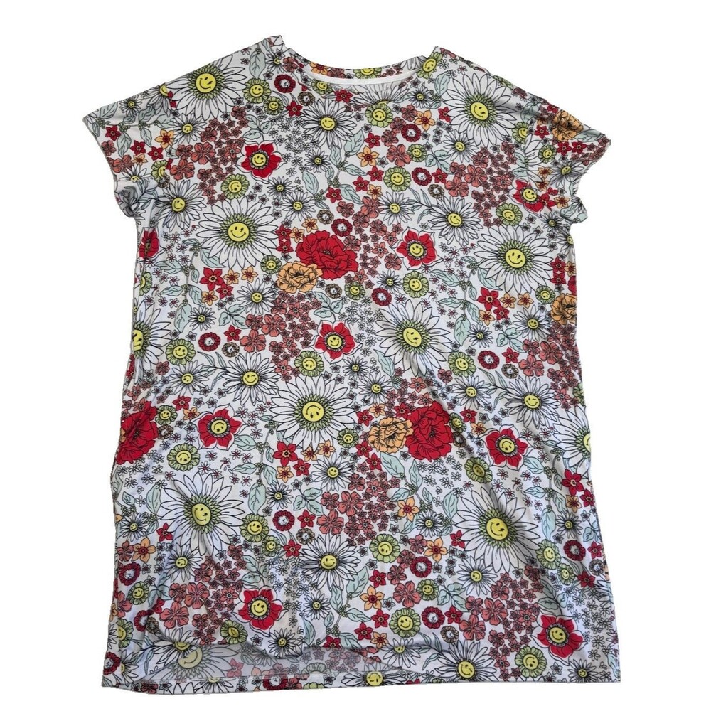 Joyspun Floral Smiley Face T-Shirt Womens 1X White Graphic Short Sleeve Tee